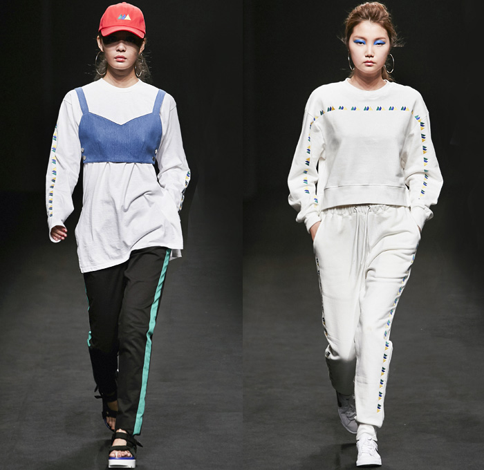 ROCKET X LUNCH 2016 Spring Summer Womens Runway Catwalk Looks - Seoul Fashion Week South Korea - Denim Jeans Frayed Raw Hem Onesie Jumpsuit Coveralls Ombre Acid Wash Bleached Buttons Tiered Wide Leg Trousers Palazzo Pants Shorts Plaid Gingham Check Bib Brace Knit Sweater Blouse Shirtdress Outerwear Jacket Blazer Socks With Sandals Crop Top Midriff Jogger Sweatpants Accordion Pleats Silk Cutout Sleepwear Pajamas Lounge