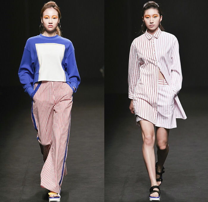 ROCKET X LUNCH 2016 Spring Summer Womens Runway Catwalk Looks - Seoul Fashion Week South Korea - Denim Jeans Frayed Raw Hem Onesie Jumpsuit Coveralls Ombre Acid Wash Bleached Buttons Tiered Wide Leg Trousers Palazzo Pants Shorts Plaid Gingham Check Bib Brace Knit Sweater Blouse Shirtdress Outerwear Jacket Blazer Socks With Sandals Crop Top Midriff Jogger Sweatpants Accordion Pleats Silk Cutout Sleepwear Pajamas Lounge