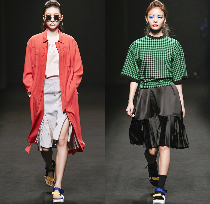 ROCKET X LUNCH 2016 Spring Summer Womens Runway Catwalk Looks - Seoul Fashion Week South Korea - Denim Jeans Frayed Raw Hem Onesie Jumpsuit Coveralls Ombre Acid Wash Bleached Buttons Tiered Wide Leg Trousers Palazzo Pants Shorts Plaid Gingham Check Bib Brace Knit Sweater Blouse Shirtdress Outerwear Jacket Blazer Socks With Sandals Crop Top Midriff Jogger Sweatpants Accordion Pleats Silk Cutout Sleepwear Pajamas Lounge