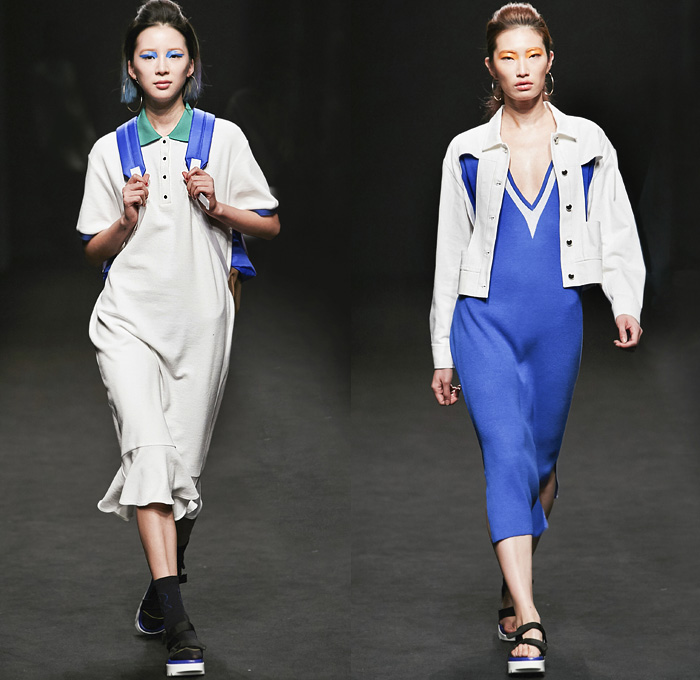 ROCKET X LUNCH 2016 Spring Summer Womens Runway Catwalk Looks - Seoul Fashion Week South Korea - Denim Jeans Frayed Raw Hem Onesie Jumpsuit Coveralls Ombre Acid Wash Bleached Buttons Tiered Wide Leg Trousers Palazzo Pants Shorts Plaid Gingham Check Bib Brace Knit Sweater Blouse Shirtdress Outerwear Jacket Blazer Socks With Sandals Crop Top Midriff Jogger Sweatpants Accordion Pleats Silk Cutout Sleepwear Pajamas Lounge