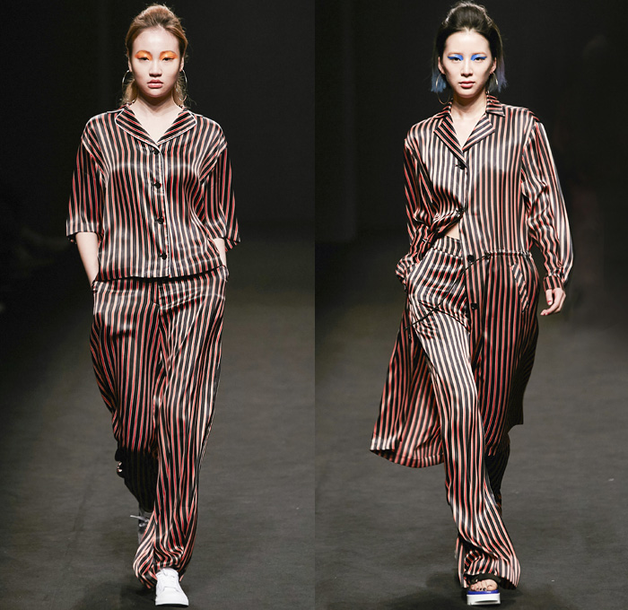 ROCKET X LUNCH 2016 Spring Summer Womens Runway Catwalk Looks - Seoul Fashion Week South Korea - Denim Jeans Frayed Raw Hem Onesie Jumpsuit Coveralls Ombre Acid Wash Bleached Buttons Tiered Wide Leg Trousers Palazzo Pants Shorts Plaid Gingham Check Bib Brace Knit Sweater Blouse Shirtdress Outerwear Jacket Blazer Socks With Sandals Crop Top Midriff Jogger Sweatpants Accordion Pleats Silk Cutout Sleepwear Pajamas Lounge