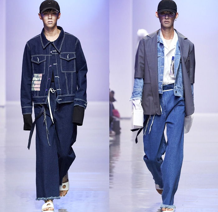 R.SHEMISTE 2016 Spring Summer Mens Runway Catwalk Looks - Seoul Fashion Week South Korea - Hokusai Japanese Woodcut Ukiyo-e Denim Jeans Frayed Raw Hem Destroyed Sandals Blazer Outerwear High Waist Shirt Long Sleeve Blazershirt Drawstring Hat Cap Silk Satin Embroidery Koi Bomber Jacket