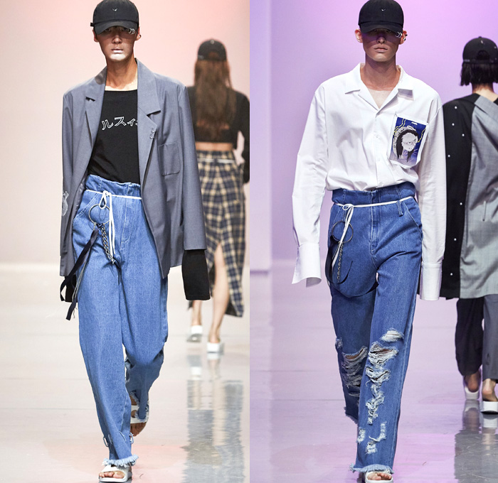 R.SHEMISTE 2016 Spring Summer Mens Runway Catwalk Looks - Seoul Fashion Week South Korea - Hokusai Japanese Woodcut Ukiyo-e Denim Jeans Frayed Raw Hem Destroyed Sandals Blazer Outerwear High Waist Shirt Long Sleeve Blazershirt Drawstring Hat Cap Silk Satin Embroidery Koi Bomber Jacket