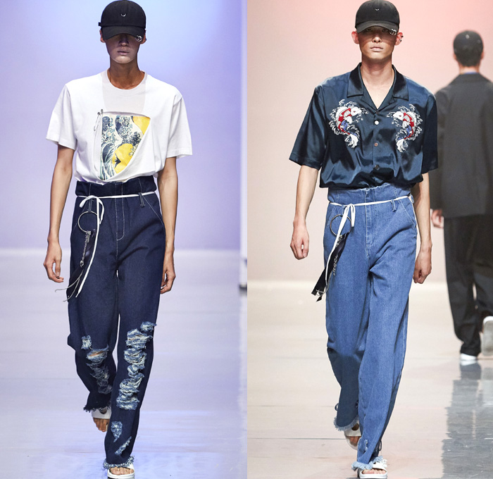 R.SHEMISTE 2016 Spring Summer Mens Runway Catwalk Looks - Seoul Fashion Week South Korea - Hokusai Japanese Woodcut Ukiyo-e Denim Jeans Frayed Raw Hem Destroyed Sandals Blazer Outerwear High Waist Shirt Long Sleeve Blazershirt Drawstring Hat Cap Silk Satin Embroidery Koi Bomber Jacket