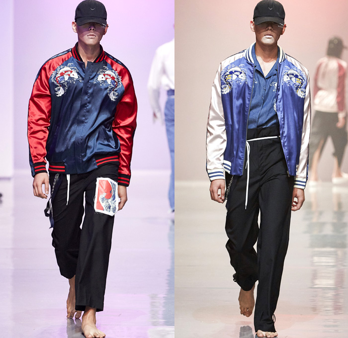 R.SHEMISTE 2016 Spring Summer Mens Runway Catwalk Looks - Seoul Fashion Week South Korea - Hokusai Japanese Woodcut Ukiyo-e Denim Jeans Frayed Raw Hem Destroyed Sandals Blazer Outerwear High Waist Shirt Long Sleeve Blazershirt Drawstring Hat Cap Silk Satin Embroidery Koi Bomber Jacket