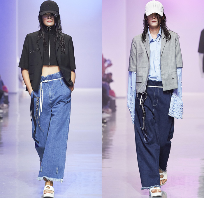 R.SHEMISTE 2016 Spring Summer Womens Runway Catwalk Looks - Seoul Fashion Week South Korea - Denim Jeans Hokusai Japanese Woodcut Ukiyo-e Wide Leg Trousers Palazzo Pants Frayed Curved Asymmetrical Hem Crop Top Midriff Bandeau Outerwear Blazer Drawstring High Waist Pearls Embroidery Blouse Long Sleeve Knit Sweater Skirt Half Panel Plaid Tartan Bomber Jacket Dragon Koi Silk Satin Arm Warmers Noodle Strap Dress