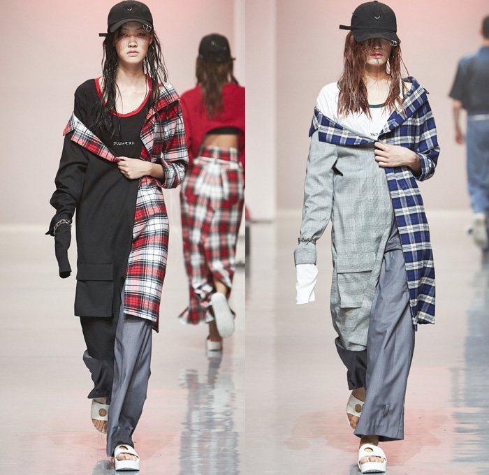 R.SHEMISTE 2016 Spring Summer Womens Runway Catwalk Looks - Seoul Fashion Week South Korea - Denim Jeans Hokusai Japanese Woodcut Ukiyo-e Wide Leg Trousers Palazzo Pants Frayed Curved Asymmetrical Hem Crop Top Midriff Bandeau Outerwear Blazer Drawstring High Waist Pearls Embroidery Blouse Long Sleeve Knit Sweater Skirt Half Panel Plaid Tartan Bomber Jacket Dragon Koi Silk Satin Arm Warmers Noodle Strap Dress