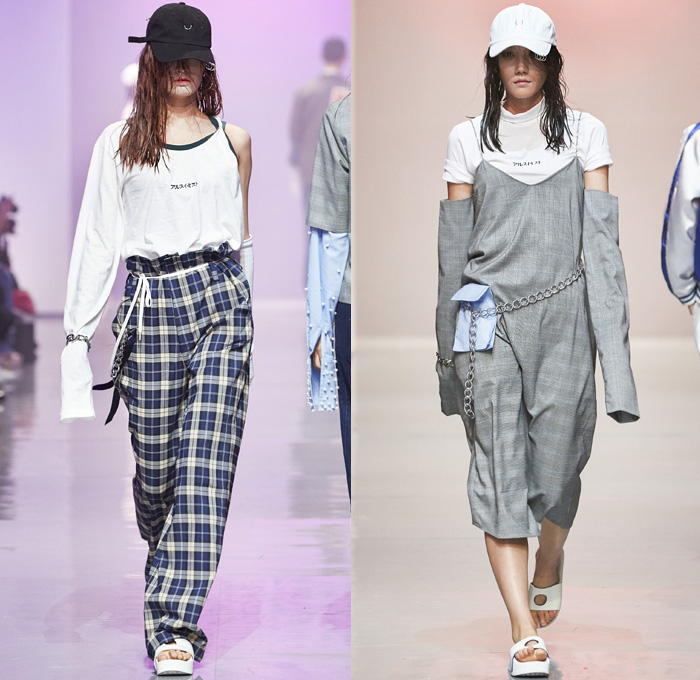 R.SHEMISTE 2016 Spring Summer Womens Runway Catwalk Looks - Seoul Fashion Week South Korea - Denim Jeans Hokusai Japanese Woodcut Ukiyo-e Wide Leg Trousers Palazzo Pants Frayed Curved Asymmetrical Hem Crop Top Midriff Bandeau Outerwear Blazer Drawstring High Waist Pearls Embroidery Blouse Long Sleeve Knit Sweater Skirt Half Panel Plaid Tartan Bomber Jacket Dragon Koi Silk Satin Arm Warmers Noodle Strap Dress