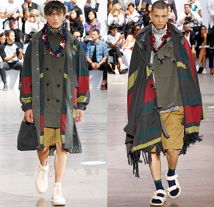 Sacai by Chitose Abe 2016 Spring Summer Mens Runway Catwalk Looks - Mode à Paris Fashion Week Mode Masculine France - Suit Outerwear Long Coat Parka Blazer Pants Trousers Gingham Check Fauna Leaves Foliage Botanical Tropical Frayed Raw Hem Capelet Layers Plaid Tartan Quilted Puffer Boots Windowpane Grid Lattice Shorts Fringes Tassels Stripes Socks Sandals Bomber Jacket Ornamental Cargo Pockets Ruffles