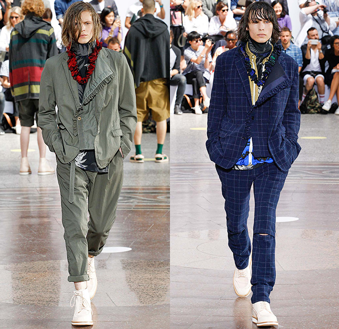 Sacai by Chitose Abe 2016 Spring Summer Mens Runway Catwalk Looks - Mode à Paris Fashion Week Mode Masculine France - Suit Outerwear Long Coat Parka Blazer Pants Trousers Gingham Check Fauna Leaves Foliage Botanical Tropical Frayed Raw Hem Capelet Layers Plaid Tartan Quilted Puffer Boots Windowpane Grid Lattice Shorts Fringes Tassels Stripes Socks Sandals Bomber Jacket Ornamental Cargo Pockets Ruffles