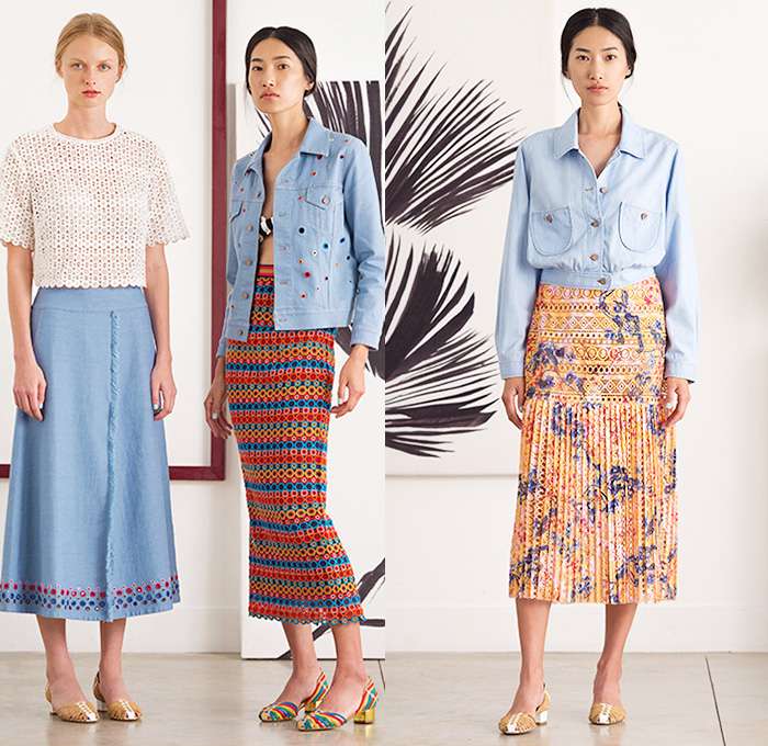 Saloni Lodha London 2016 Spring Summer Womens Lookbook Presentation - New York Fashion Week - Denim Jeans Japanese Floral Flowers Woodblock Prints Lace Mesh Perforated Lasercut Frayed Raw Hem Blouse Outerwear Jacket Frock Crop Top Midriff Accordion Pleats Blouse Tiered Ruffles Shirtdress Strapless Ribbon Bow One Off Shoulder Handkerchief Hem Stripes Maxi Dress Motorcycle Biker Leather Midi Poodle Circle Skirt Jumpsuit