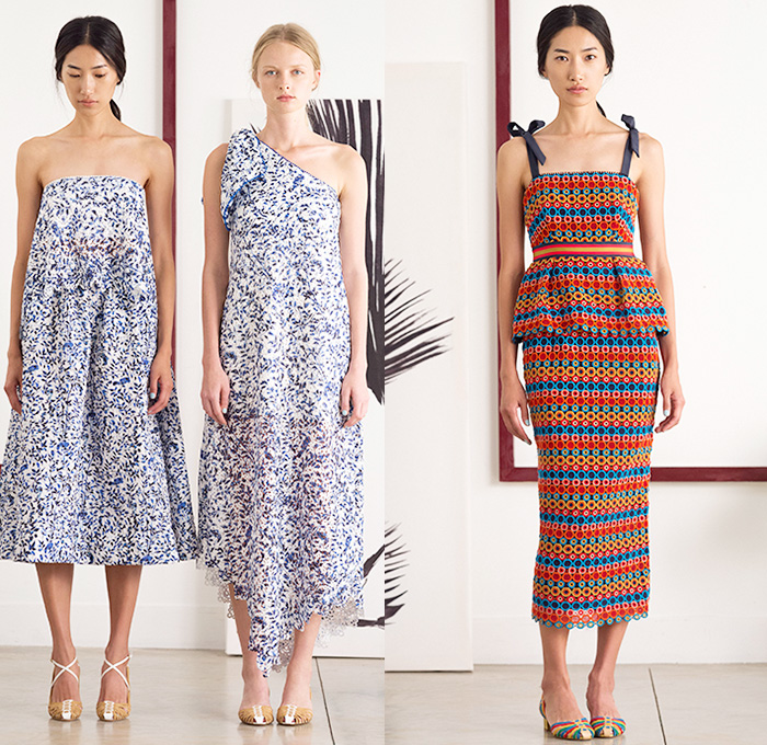 Saloni Lodha London 2016 Spring Summer Womens Lookbook Presentation - New York Fashion Week - Denim Jeans Japanese Floral Flowers Woodblock Prints Lace Mesh Perforated Lasercut Frayed Raw Hem Blouse Outerwear Jacket Frock Crop Top Midriff Accordion Pleats Blouse Tiered Ruffles Shirtdress Strapless Ribbon Bow One Off Shoulder Handkerchief Hem Stripes Maxi Dress Motorcycle Biker Leather Midi Poodle Circle Skirt Jumpsuit