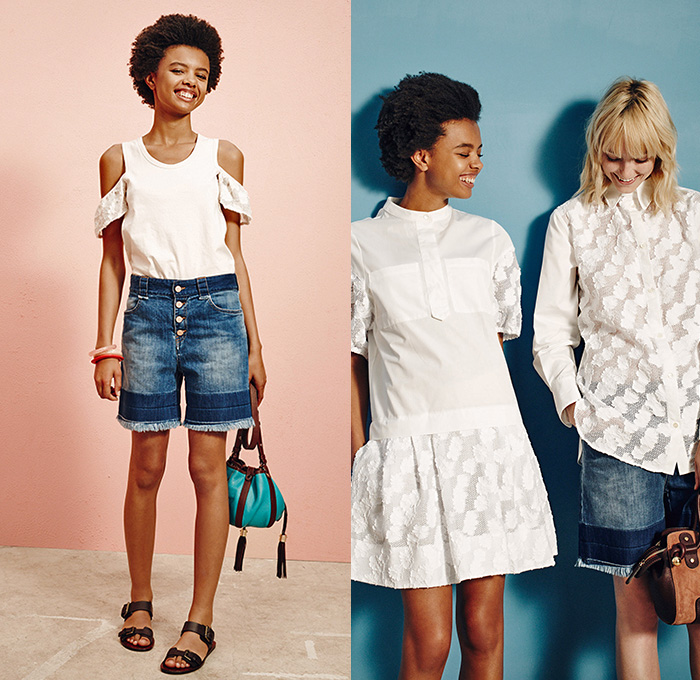 See by Chloé Paris 2016 Spring Summer Womens Lookbook Presentation - New York Fashion Week - Bohemian Boho Chic Oversized Tunic Shirt Shortall Combishorts Romper Playsuit Knit Sweater Jumper Skirt Frock Babydoll Maxi Dress Espadrilles Frayed Raw Hem Denim Jeans Shorts Cutoffs Sheer Chiffon Tulle Lace Mesh Shirtdress Cardigan Cropped Pants Stripes Cape Cloak Zipper Crop Top Midriff Swimwear Ruffles Embroidery