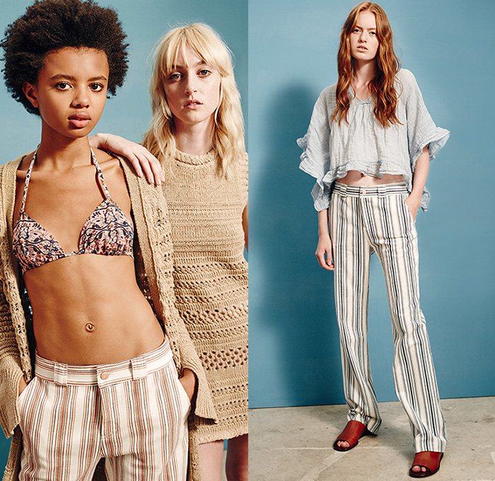 See by Chloé Paris 2016 Spring Summer Womens Lookbook Presentation - New York Fashion Week - Bohemian Boho Chic Oversized Tunic Shirt Shortall Combishorts Romper Playsuit Knit Sweater Jumper Skirt Frock Babydoll Maxi Dress Espadrilles Frayed Raw Hem Denim Jeans Shorts Cutoffs Sheer Chiffon Tulle Lace Mesh Shirtdress Cardigan Cropped Pants Stripes Cape Cloak Zipper Crop Top Midriff Swimwear Ruffles Embroidery