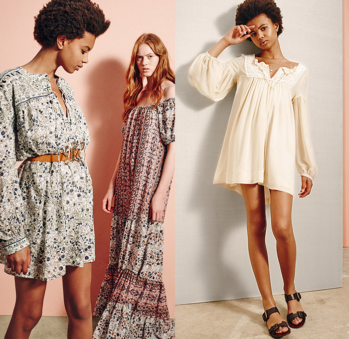 See by Chloé Paris 2016 Spring Summer Womens Lookbook Presentation - New York Fashion Week - Bohemian Boho Chic Oversized Tunic Shirt Shortall Combishorts Romper Playsuit Knit Sweater Jumper Skirt Frock Babydoll Maxi Dress Espadrilles Frayed Raw Hem Denim Jeans Shorts Cutoffs Sheer Chiffon Tulle Lace Mesh Shirtdress Cardigan Cropped Pants Stripes Cape Cloak Zipper Crop Top Midriff Swimwear Ruffles Embroidery