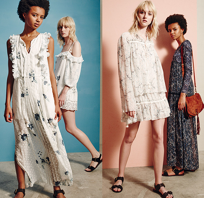 See by Chloé Paris 2016 Spring Summer Womens Lookbook Presentation - New York Fashion Week - Bohemian Boho Chic Oversized Tunic Shirt Shortall Combishorts Romper Playsuit Knit Sweater Jumper Skirt Frock Babydoll Maxi Dress Espadrilles Frayed Raw Hem Denim Jeans Shorts Cutoffs Sheer Chiffon Tulle Lace Mesh Shirtdress Cardigan Cropped Pants Stripes Cape Cloak Zipper Crop Top Midriff Swimwear Ruffles Embroidery