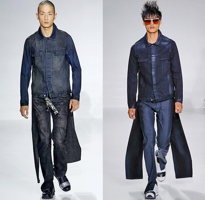 Siki Im 2016 Spring Summer Mens Runway Catwalk Looks Youth Museum - New York Fashion Week Mens - Denim Jeans Jeanswear Indigo Poncho Cape Drapery Rope Waist Motherboards CDs Padlocks Found Objects Deconstructed Organic Shape Wide Leg Baggy Loose Plaid Bomber Jacket Outerwear Coat Parka Zipper Slim Pants Trousers Duct Tape Cargo Pockets Elongated Sleeves