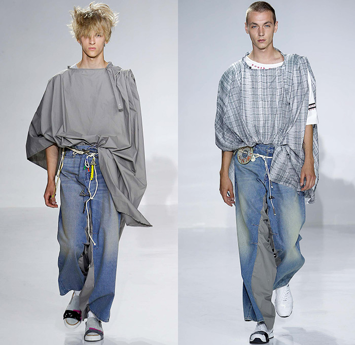 Siki Im 2016 Spring Summer Mens Runway Catwalk Looks Youth Museum - New York Fashion Week Mens - Denim Jeans Jeanswear Indigo Poncho Cape Drapery Rope Waist Motherboards CDs Padlocks Found Objects Deconstructed Organic Shape Wide Leg Baggy Loose Plaid Bomber Jacket Outerwear Coat Parka Zipper Slim Pants Trousers Duct Tape Cargo Pockets Elongated Sleeves