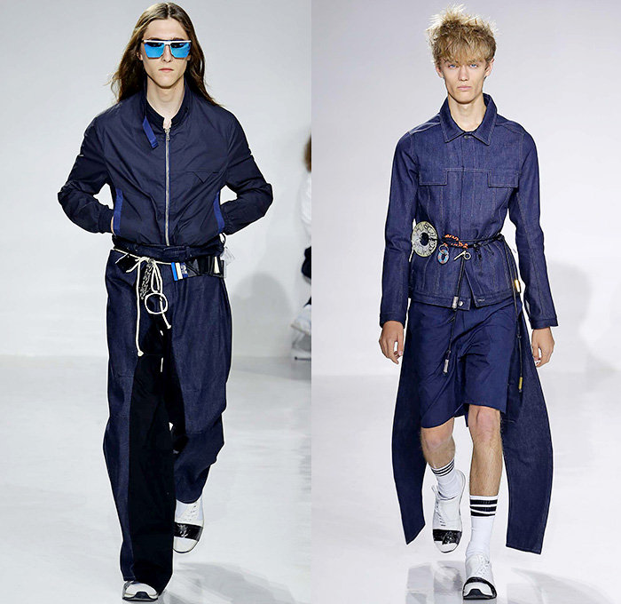 Siki Im 2016 Spring Summer Mens Runway Catwalk Looks Youth Museum - New York Fashion Week Mens - Denim Jeans Jeanswear Indigo Poncho Cape Drapery Rope Waist Motherboards CDs Padlocks Found Objects Deconstructed Organic Shape Wide Leg Baggy Loose Plaid Bomber Jacket Outerwear Coat Parka Zipper Slim Pants Trousers Duct Tape Cargo Pockets Elongated Sleeves