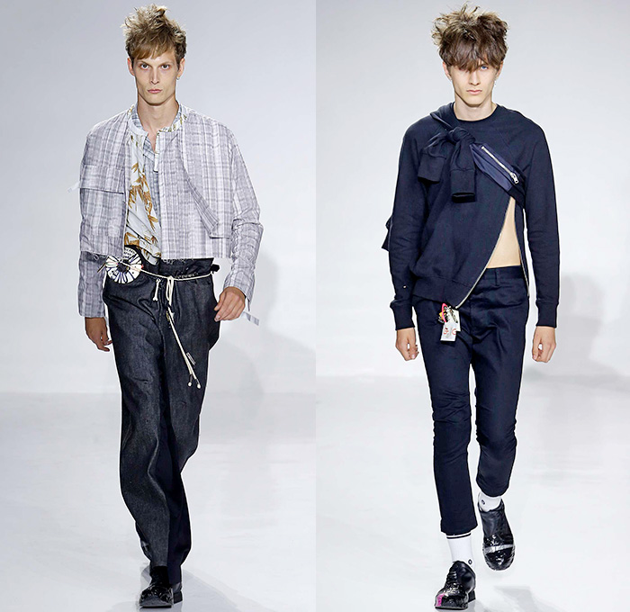 Siki Im 2016 Spring Summer Mens Runway Catwalk Looks Youth Museum - New York Fashion Week Mens - Denim Jeans Jeanswear Indigo Poncho Cape Drapery Rope Waist Motherboards CDs Padlocks Found Objects Deconstructed Organic Shape Wide Leg Baggy Loose Plaid Bomber Jacket Outerwear Coat Parka Zipper Slim Pants Trousers Duct Tape Cargo Pockets Elongated Sleeves