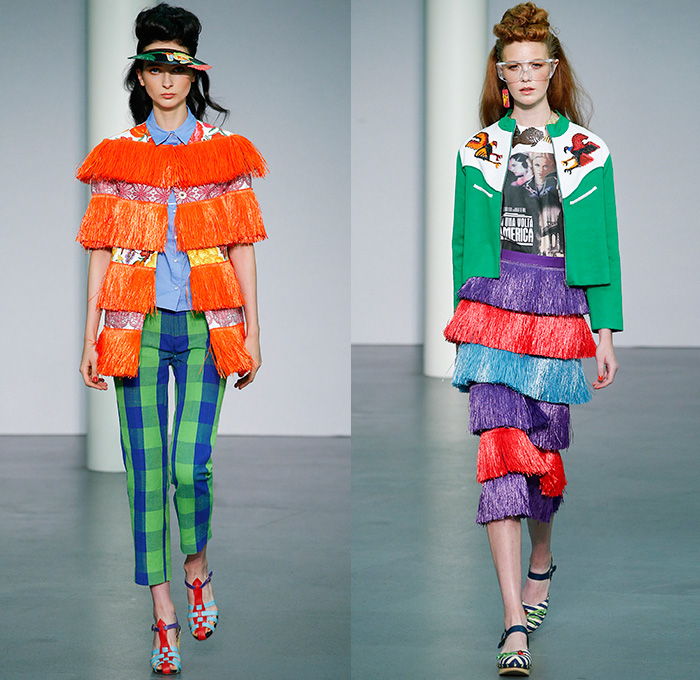 Stella Jean 2016 Spring Summer Womens Runway Catwalk Looks - Milano Moda Donna Collezione Milan Fashion Week Italy - South American Tassels Raffia Pom-poms Migration Beads Flowers Floral Tribal Ethnic Folk Embroidery Adornments Sheer Chiffon Tulle Lace Plaid Check Cropped Pants Trousers Tunic Blouse Sandals Animals Illustration Art Maxi Dress Skirt Frock Stripes Jacket Peplum Ruffles