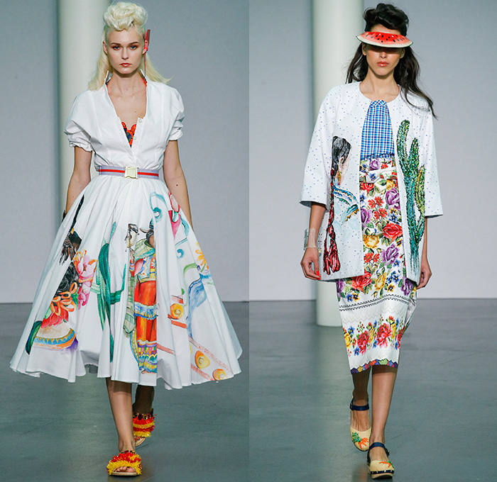 Stella Jean 2016 Spring Summer Womens Runway Catwalk Looks - Milano Moda Donna Collezione Milan Fashion Week Italy - South American Tassels Raffia Pom-poms Migration Beads Flowers Floral Tribal Ethnic Folk Embroidery Adornments Sheer Chiffon Tulle Lace Plaid Check Cropped Pants Trousers Tunic Blouse Sandals Animals Illustration Art Maxi Dress Skirt Frock Stripes Jacket Peplum Ruffles