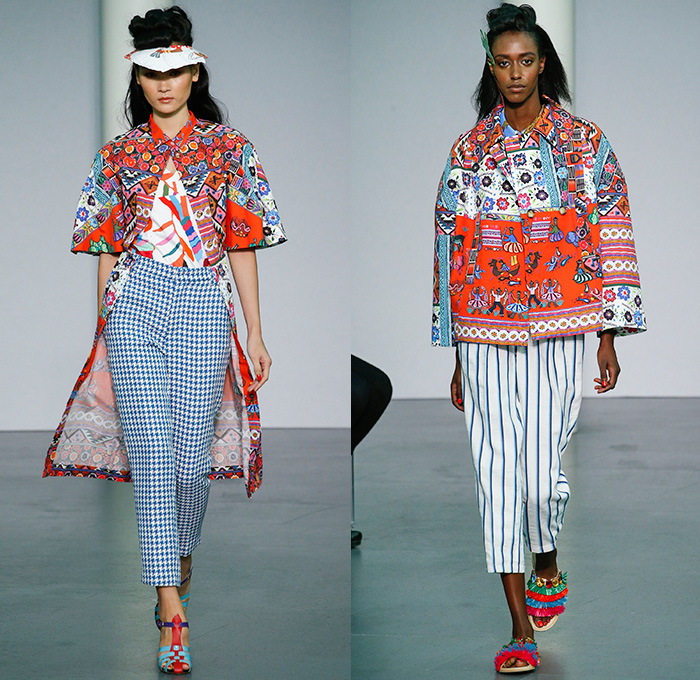 Stella Jean 2016 Spring Summer Womens Runway Catwalk Looks - Milano Moda Donna Collezione Milan Fashion Week Italy - South American Tassels Raffia Pom-poms Migration Beads Flowers Floral Tribal Ethnic Folk Embroidery Adornments Sheer Chiffon Tulle Lace Plaid Check Cropped Pants Trousers Tunic Blouse Sandals Animals Illustration Art Maxi Dress Skirt Frock Stripes Jacket Peplum Ruffles