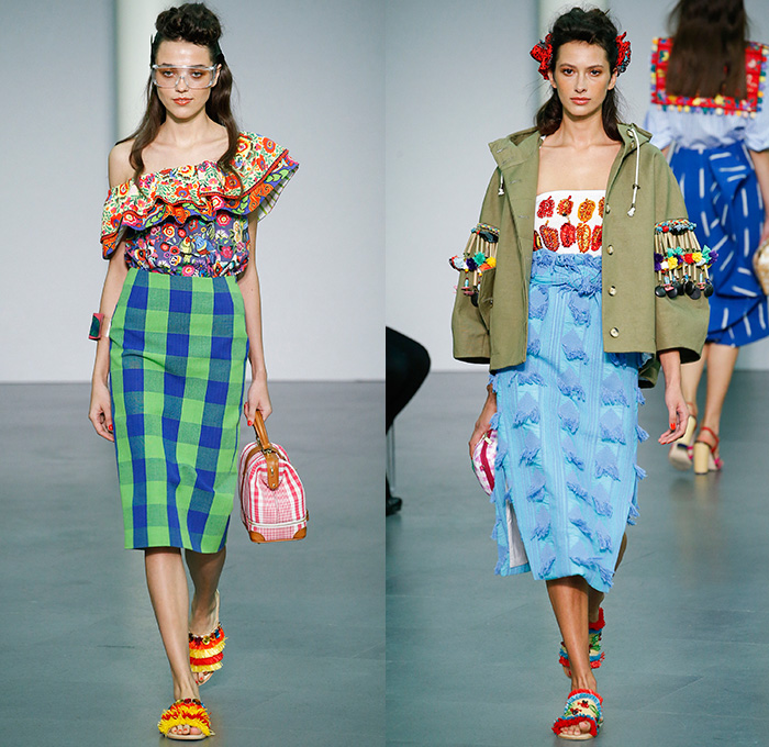 Stella Jean 2016 Spring Summer Womens Runway Catwalk Looks - Milano Moda Donna Collezione Milan Fashion Week Italy - South American Tassels Raffia Pom-poms Migration Beads Flowers Floral Tribal Ethnic Folk Embroidery Adornments Sheer Chiffon Tulle Lace Plaid Check Cropped Pants Trousers Tunic Blouse Sandals Animals Illustration Art Maxi Dress Skirt Frock Stripes Jacket Peplum Ruffles