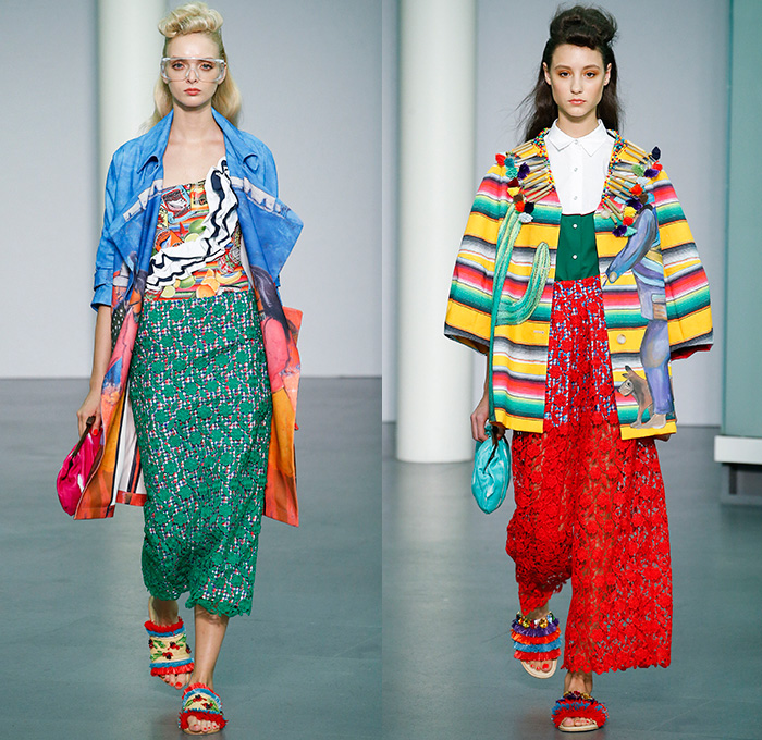 Stella Jean 2016 Spring Summer Womens Runway Catwalk Looks - Milano Moda Donna Collezione Milan Fashion Week Italy - South American Tassels Raffia Pom-poms Migration Beads Flowers Floral Tribal Ethnic Folk Embroidery Adornments Sheer Chiffon Tulle Lace Plaid Check Cropped Pants Trousers Tunic Blouse Sandals Animals Illustration Art Maxi Dress Skirt Frock Stripes Jacket Peplum Ruffles