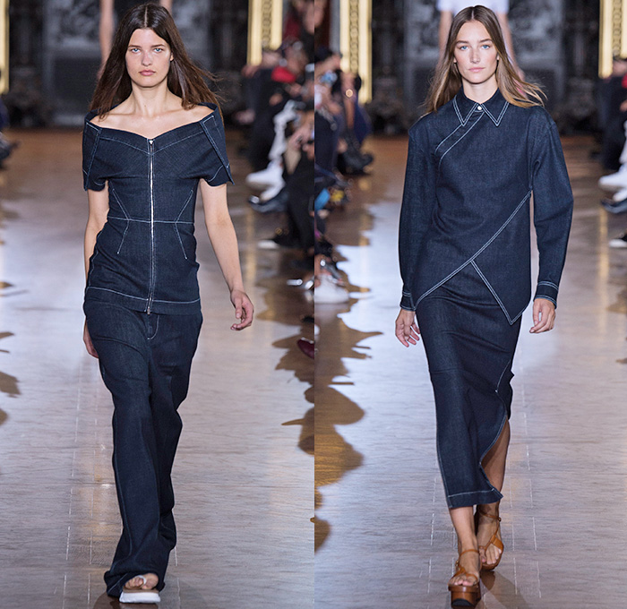 Stella McCartney 2016 Spring Summer Womens Runway Catwalk Looks - Mode à Paris Fashion Week Mode Féminin France - Denim Jeans Strapless Handkerchief Asymmetrical Hem Accordion Pleats Silk Satin Blouse Long Sleeve Maxi Dress Skirt Frock Plaid Tartan Check Stripes Shirtdress Patchwork Sheer Chiffon Lace Mesh Perforated Lasercut One Shoulder Tiered Fringes Wide Leg Trousers Palazzo Pants Shorts Vestdress Waistcoat Embroidery