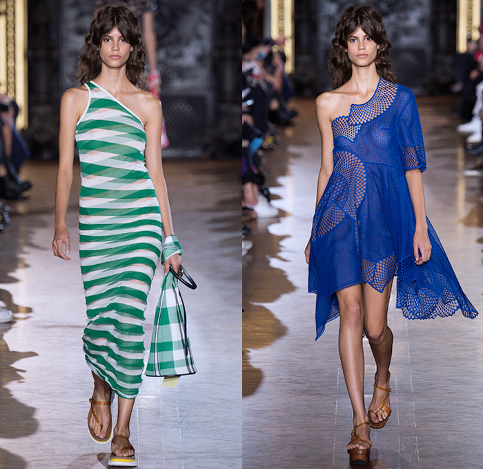 Stella McCartney 2016 Spring Summer Womens Runway Catwalk Looks - Mode à Paris Fashion Week Mode Féminin France - Denim Jeans Strapless Handkerchief Asymmetrical Hem Accordion Pleats Silk Satin Blouse Long Sleeve Maxi Dress Skirt Frock Plaid Tartan Check Stripes Shirtdress Patchwork Sheer Chiffon Lace Mesh Perforated Lasercut One Shoulder Tiered Fringes Wide Leg Trousers Palazzo Pants Shorts Vestdress Waistcoat Embroidery