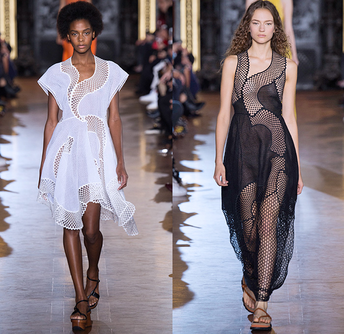 Stella McCartney 2016 Spring Summer Womens Runway Catwalk Looks - Mode à Paris Fashion Week Mode Féminin France - Denim Jeans Strapless Handkerchief Asymmetrical Hem Accordion Pleats Silk Satin Blouse Long Sleeve Maxi Dress Skirt Frock Plaid Tartan Check Stripes Shirtdress Patchwork Sheer Chiffon Lace Mesh Perforated Lasercut One Shoulder Tiered Fringes Wide Leg Trousers Palazzo Pants Shorts Vestdress Waistcoat Embroidery