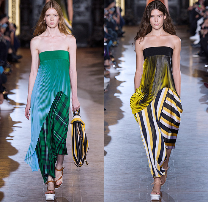 Stella McCartney 2016 Spring Summer Womens Runway Catwalk Looks - Mode à Paris Fashion Week Mode Féminin France - Denim Jeans Strapless Handkerchief Asymmetrical Hem Accordion Pleats Silk Satin Blouse Long Sleeve Maxi Dress Skirt Frock Plaid Tartan Check Stripes Shirtdress Patchwork Sheer Chiffon Lace Mesh Perforated Lasercut One Shoulder Tiered Fringes Wide Leg Trousers Palazzo Pants Shorts Vestdress Waistcoat Embroidery