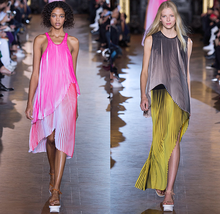 Stella McCartney 2016 Spring Summer Womens Runway Catwalk Looks - Mode à Paris Fashion Week Mode Féminin France - Denim Jeans Strapless Handkerchief Asymmetrical Hem Accordion Pleats Silk Satin Blouse Long Sleeve Maxi Dress Skirt Frock Plaid Tartan Check Stripes Shirtdress Patchwork Sheer Chiffon Lace Mesh Perforated Lasercut One Shoulder Tiered Fringes Wide Leg Trousers Palazzo Pants Shorts Vestdress Waistcoat Embroidery