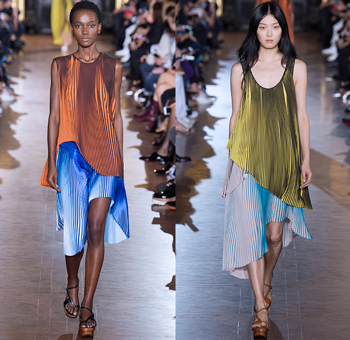 Stella McCartney 2016 Spring Summer Womens Runway Catwalk Looks - Mode à Paris Fashion Week Mode Féminin France - Denim Jeans Strapless Handkerchief Asymmetrical Hem Accordion Pleats Silk Satin Blouse Long Sleeve Maxi Dress Skirt Frock Plaid Tartan Check Stripes Shirtdress Patchwork Sheer Chiffon Lace Mesh Perforated Lasercut One Shoulder Tiered Fringes Wide Leg Trousers Palazzo Pants Shorts Vestdress Waistcoat Embroidery