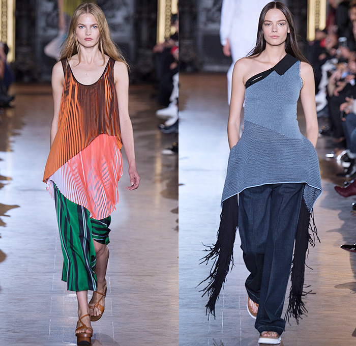 Stella McCartney 2016 Spring Summer Womens Runway Catwalk Looks - Mode à Paris Fashion Week Mode Féminin France - Denim Jeans Strapless Handkerchief Asymmetrical Hem Accordion Pleats Silk Satin Blouse Long Sleeve Maxi Dress Skirt Frock Plaid Tartan Check Stripes Shirtdress Patchwork Sheer Chiffon Lace Mesh Perforated Lasercut One Shoulder Tiered Fringes Wide Leg Trousers Palazzo Pants Shorts Vestdress Waistcoat Embroidery