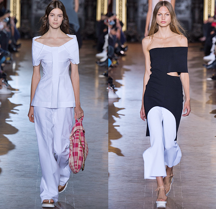 Stella McCartney 2016 Spring Summer Womens Runway Catwalk Looks - Mode à Paris Fashion Week Mode Féminin France - Denim Jeans Strapless Handkerchief Asymmetrical Hem Accordion Pleats Silk Satin Blouse Long Sleeve Maxi Dress Skirt Frock Plaid Tartan Check Stripes Shirtdress Patchwork Sheer Chiffon Lace Mesh Perforated Lasercut One Shoulder Tiered Fringes Wide Leg Trousers Palazzo Pants Shorts Vestdress Waistcoat Embroidery