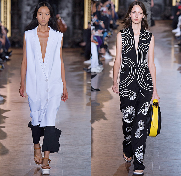 Stella McCartney 2016 Spring Summer Womens Runway Catwalk Looks - Mode à Paris Fashion Week Mode Féminin France - Denim Jeans Strapless Handkerchief Asymmetrical Hem Accordion Pleats Silk Satin Blouse Long Sleeve Maxi Dress Skirt Frock Plaid Tartan Check Stripes Shirtdress Patchwork Sheer Chiffon Lace Mesh Perforated Lasercut One Shoulder Tiered Fringes Wide Leg Trousers Palazzo Pants Shorts Vestdress Waistcoat Embroidery