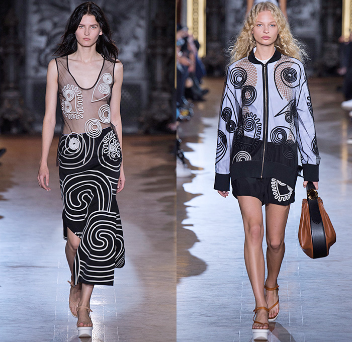 Stella McCartney 2016 Spring Summer Womens Runway Catwalk Looks - Mode à Paris Fashion Week Mode Féminin France - Denim Jeans Strapless Handkerchief Asymmetrical Hem Accordion Pleats Silk Satin Blouse Long Sleeve Maxi Dress Skirt Frock Plaid Tartan Check Stripes Shirtdress Patchwork Sheer Chiffon Lace Mesh Perforated Lasercut One Shoulder Tiered Fringes Wide Leg Trousers Palazzo Pants Shorts Vestdress Waistcoat Embroidery