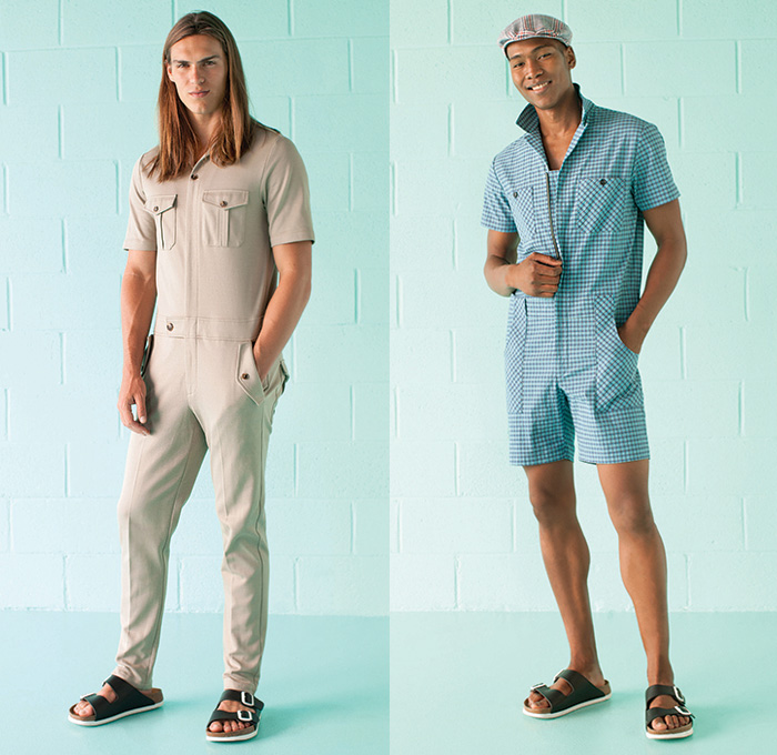 Trina Turk 2016 Spring Summer Mens Lookbook Presentation - New York Fashion Week Mr Turk - Onesie Jumpsuit Coveralls Shortall Combishorts Romper Sandals Blazer Shorts Outerwear Jacket Geometric Flowers Floral Fauna Leaves Foliage Botanical Print Suit Check Grid Gingham Groovy 60s