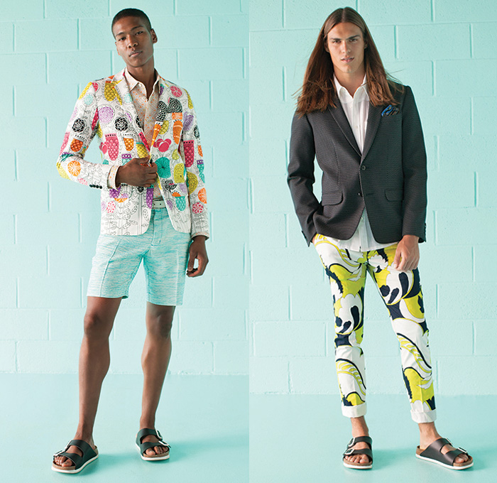 Trina Turk 2016 Spring Summer Mens Lookbook Presentation - New York Fashion Week Mr Turk - Onesie Jumpsuit Coveralls Shortall Combishorts Romper Sandals Blazer Shorts Outerwear Jacket Geometric Flowers Floral Fauna Leaves Foliage Botanical Print Suit Check Grid Gingham Groovy 60s