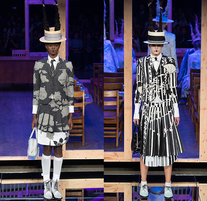 Thom Browne 2016 Spring Summer Womens Runway Catwalk Looks - New York Fashion Week - Japanese Motif Mount Fuji Landscape Cherry Blossoms Edo Koi Geisha Mink Intarsia Hair Braid Hole Straw Hat Accordion Pleats Outerwear Coat Blazer Jacket Pinstripe Patchwork Check Flowers Floral Foliage Stripes Bow Sack Knit Sheer Chiffon Tulle Lace Frayed Raw Hem Cardigan Necktie Tapestry Origami Crane Tiered