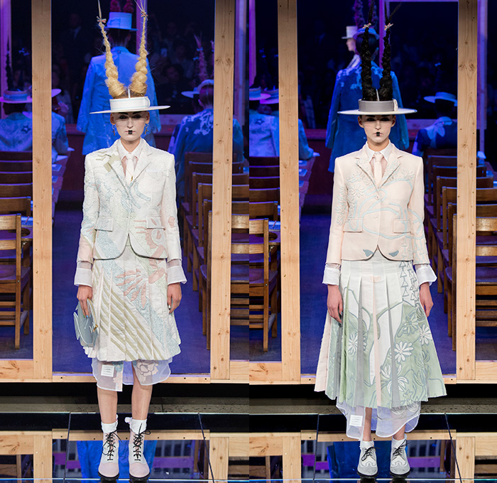 Thom Browne 2016 Spring Summer Womens Runway Catwalk Looks - New York Fashion Week - Japanese Motif Mount Fuji Landscape Cherry Blossoms Edo Koi Geisha Mink Intarsia Hair Braid Hole Straw Hat Accordion Pleats Outerwear Coat Blazer Jacket Pinstripe Patchwork Check Flowers Floral Foliage Stripes Bow Sack Knit Sheer Chiffon Tulle Lace Frayed Raw Hem Cardigan Necktie Tapestry Origami Crane Tiered