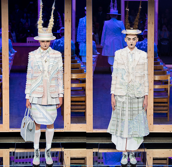 Thom Browne 2016 Spring Summer Womens Runway Catwalk Looks - New York Fashion Week - Japanese Motif Mount Fuji Landscape Cherry Blossoms Edo Koi Geisha Mink Intarsia Hair Braid Hole Straw Hat Accordion Pleats Outerwear Coat Blazer Jacket Pinstripe Patchwork Check Flowers Floral Foliage Stripes Bow Sack Knit Sheer Chiffon Tulle Lace Frayed Raw Hem Cardigan Necktie Tapestry Origami Crane Tiered