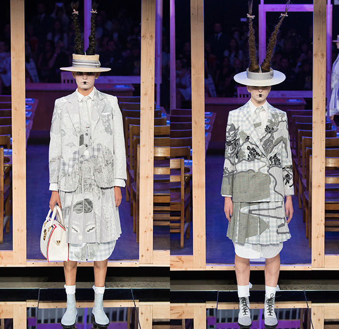 Thom Browne 2016 Spring Summer Womens Runway Catwalk Looks - New York Fashion Week - Japanese Motif Mount Fuji Landscape Cherry Blossoms Edo Koi Geisha Mink Intarsia Hair Braid Hole Straw Hat Accordion Pleats Outerwear Coat Blazer Jacket Pinstripe Patchwork Check Flowers Floral Foliage Stripes Bow Sack Knit Sheer Chiffon Tulle Lace Frayed Raw Hem Cardigan Necktie Tapestry Origami Crane Tiered