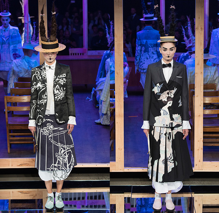 Thom Browne 2016 Spring Summer Womens Runway Catwalk Looks - New York Fashion Week - Japanese Motif Mount Fuji Landscape Cherry Blossoms Edo Koi Geisha Mink Intarsia Hair Braid Hole Straw Hat Accordion Pleats Outerwear Coat Blazer Jacket Pinstripe Patchwork Check Flowers Floral Foliage Stripes Bow Sack Knit Sheer Chiffon Tulle Lace Frayed Raw Hem Cardigan Necktie Tapestry Origami Crane Tiered