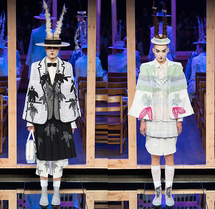 Thom Browne 2016 Spring Summer Womens Runway Catwalk Looks - New York Fashion Week - Japanese Motif Mount Fuji Landscape Cherry Blossoms Edo Koi Geisha Mink Intarsia Hair Braid Hole Straw Hat Accordion Pleats Outerwear Coat Blazer Jacket Pinstripe Patchwork Check Flowers Floral Foliage Stripes Bow Sack Knit Sheer Chiffon Tulle Lace Frayed Raw Hem Cardigan Necktie Tapestry Origami Crane Tiered