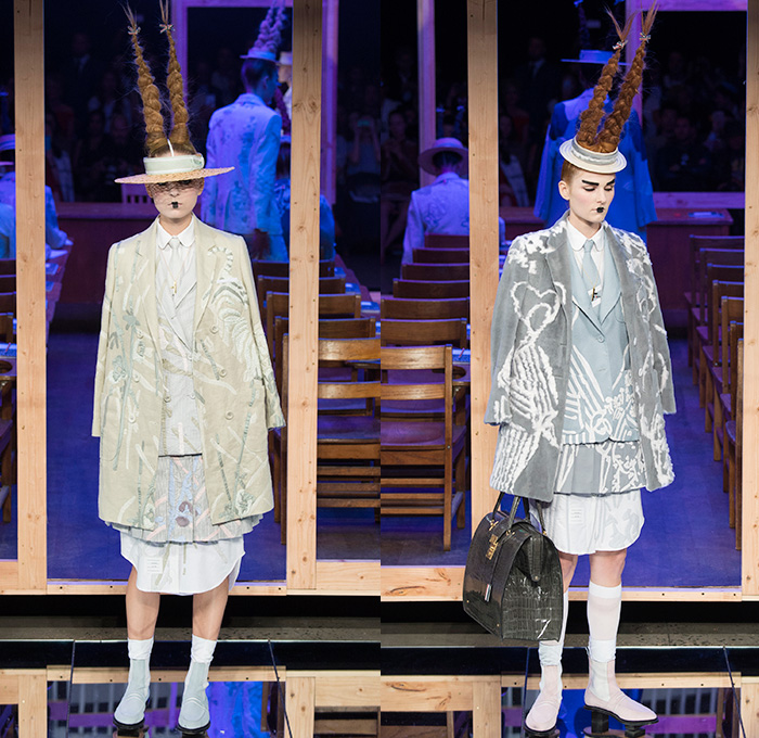 Thom Browne 2016 Spring Summer Womens Runway Catwalk Looks - New York Fashion Week - Japanese Motif Mount Fuji Landscape Cherry Blossoms Edo Koi Geisha Mink Intarsia Hair Braid Hole Straw Hat Accordion Pleats Outerwear Coat Blazer Jacket Pinstripe Patchwork Check Flowers Floral Foliage Stripes Bow Sack Knit Sheer Chiffon Tulle Lace Frayed Raw Hem Cardigan Necktie Tapestry Origami Crane Tiered