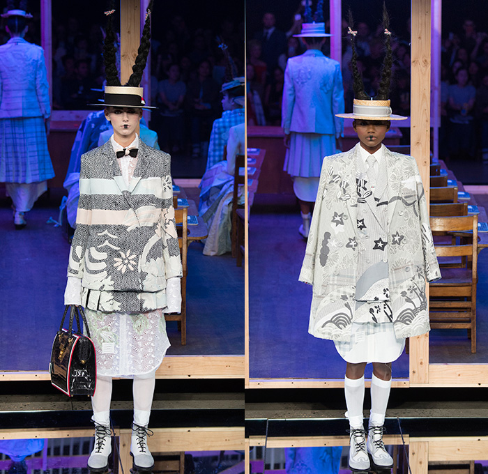 Thom Browne 2016 Spring Summer Womens Runway Catwalk Looks - New York Fashion Week - Japanese Motif Mount Fuji Landscape Cherry Blossoms Edo Koi Geisha Mink Intarsia Hair Braid Hole Straw Hat Accordion Pleats Outerwear Coat Blazer Jacket Pinstripe Patchwork Check Flowers Floral Foliage Stripes Bow Sack Knit Sheer Chiffon Tulle Lace Frayed Raw Hem Cardigan Necktie Tapestry Origami Crane Tiered