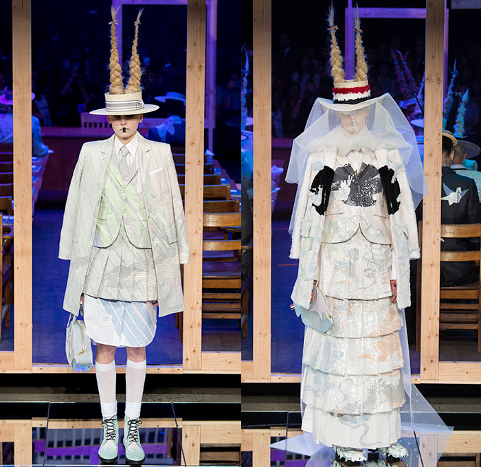 Thom Browne 2016 Spring Summer Womens Runway Catwalk Looks - New York Fashion Week - Japanese Motif Mount Fuji Landscape Cherry Blossoms Edo Koi Geisha Mink Intarsia Hair Braid Hole Straw Hat Accordion Pleats Outerwear Coat Blazer Jacket Pinstripe Patchwork Check Flowers Floral Foliage Stripes Bow Sack Knit Sheer Chiffon Tulle Lace Frayed Raw Hem Cardigan Necktie Tapestry Origami Crane Tiered